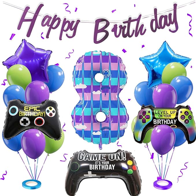 Video Game Theme Birthday Party Number Balloons Piñata Gaming Party Decor Balloons Large Number Balloons for Kids Battle Boys Birthday Party Decoration Supplies(Number 8 Set)