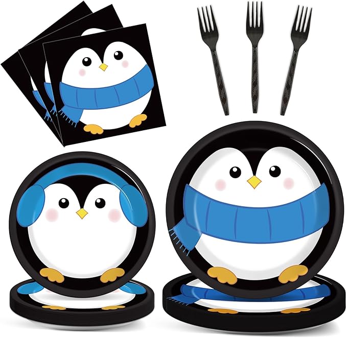 96 Pcs Penguin Birthday Party Supplies Paper Plates Napkins Winter Penguin Themed Party Winter Christmas Holiday Birthday Xmas Tableware Decorations Favors for Kids Serves 24