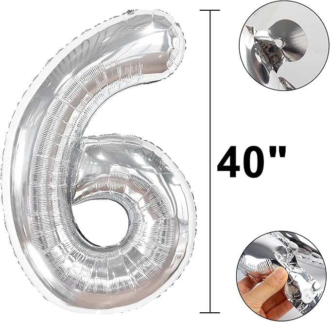 40 Inch Silver 6 Number Balloons Giant number balloons 6 Foil Mylar Helium Large Digital Balloon Gold Birthday Numbers Jumbo Balloons 16th or 61st Anniversary Party Decorations Supplies