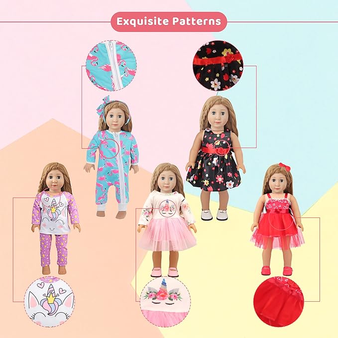 MSYO 10 Sets Doll Clothes for 17 - 18 Inch Dolls, Diverse Outfits (Floral, Polka Dot, Unicorn) & Accessories, Fashion Dress - Up Set for Girl Doll Play & Gifting