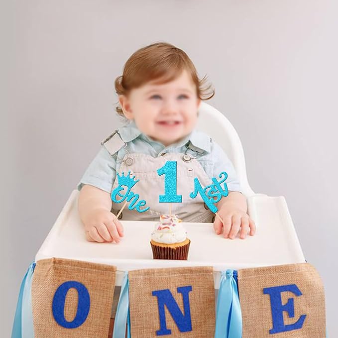 24 PCS 1st Birthday Cupcake Toppers Glitter First Birthday Crown Wild One Cupcake Picks for Baby Shower Kids Boys Girls 1st Birthday Anniversary Boho Theme Party Cake Decorations Supplies Blue