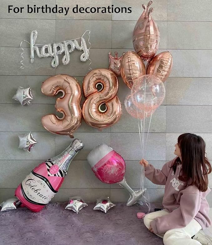 Crown Balloons Pack Of 5 Foil Mylar Helium Balloons For Quinceanera Party Decorations in Rose Gold, Clear Rose Gold Dot