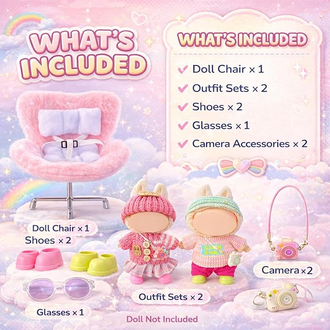 17cm Doll Car Seat and Clothes Set (No Dolls), Includes Doll Seat and 2-Pack Doll Clothes, Perfect for Play and Display, Doll Outfit Accessories for Collectors