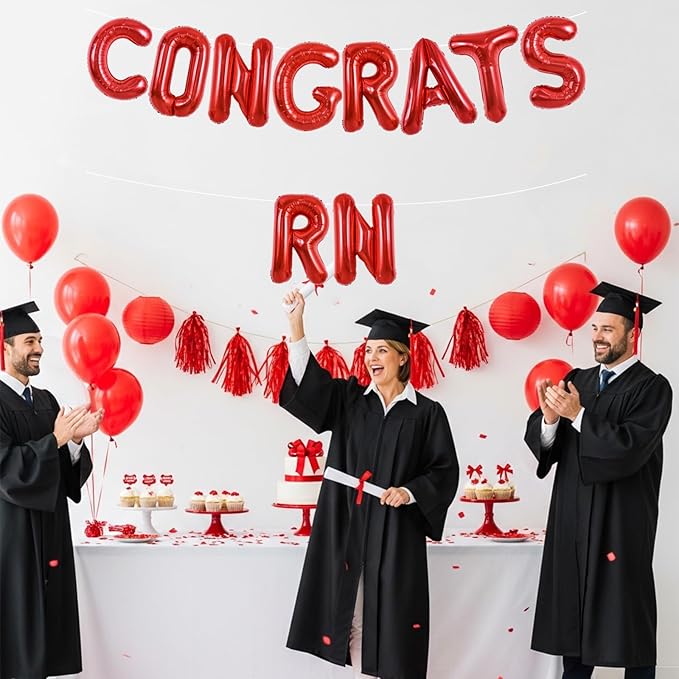 TONIFUL 2026 Nurse Graduation Decorations Red Congrats RN 2026 Balloons 16 Inch RN 2026 Banner Class of 2026 Registered Nurse Balloons Decorations 2026 Nursing Graduation Party Supplies