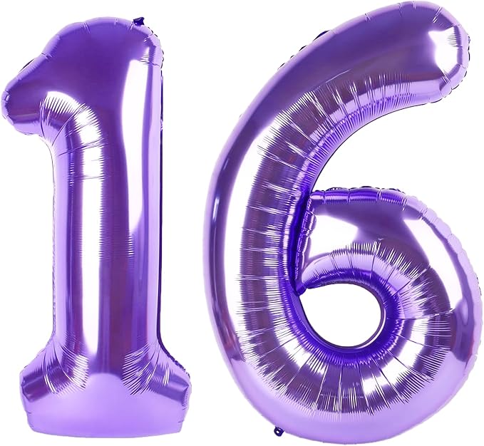 40 Inch Purple Number 16 Digital Balloon,Jumbo Mylar Foil Helium Balloon for 16 Balloons for Birthday Party,Wedding Anniversary Party Decorations