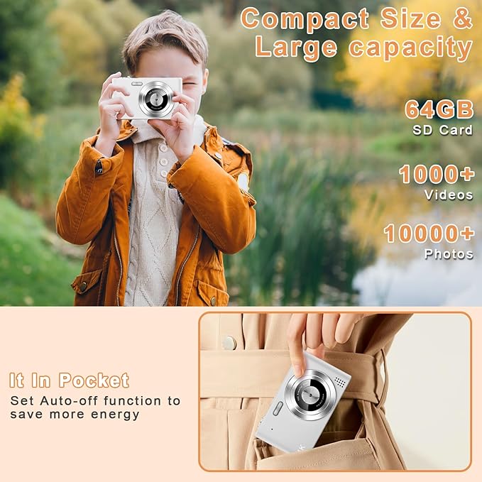 aycy Point and Shoot Digital Camera for Kids, UHD 4K 48MP with 64GB SD Card and 16X Digital Zoom Anti Shake, Compact Portable Small Gift for Students, Ivory White