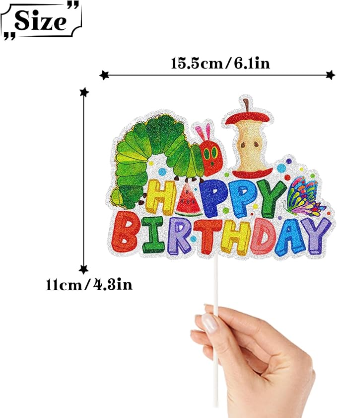 Green Caterpillar Happy Birthday Cake Topper,Reading Story Theme Birthday Cake Decor,Children's Fairy Tale Party or 1st 2nd 3rd Birthday Party Decorations