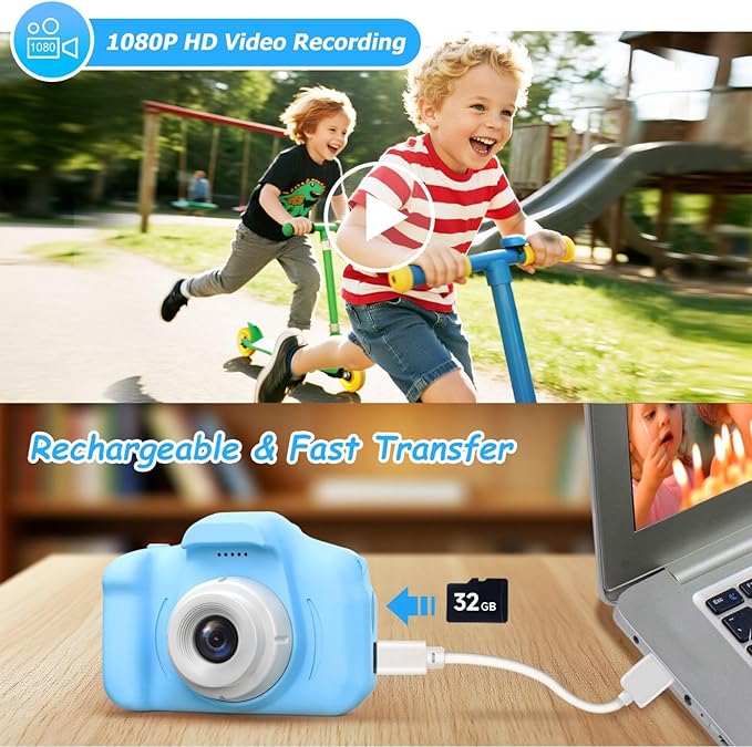 Kids Camera for Boys Toys Gifts, 3 4 5 Year Old Boy Birthday Gift, Kid Selfie Toy Cameras for Toddlers Age 3-5, Blue Small Children Digital Camera for Kids, 32G SD Card Included