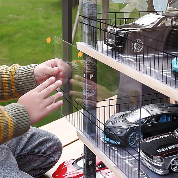 1:24 Scale Car Model Display Case with Parking Lot Scene for Sports Car and Lego Collectors, Display Stand for Alloy Car Model Toy with Light (3-Tiers Coffee Shop Parking Lot)