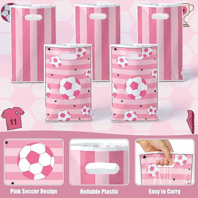 50Pcs Pink Soccer Party Favor Bags, Soccer Theme Plastic Candy Goodie Treat Gift Bag with Handles Football Team Sport Party Supplies Birthday Decoration Gift for Football Lovers