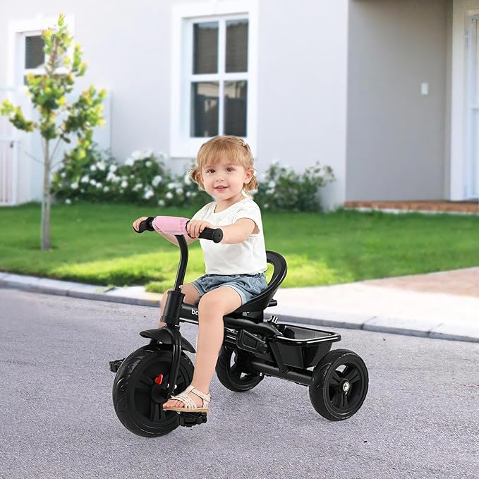BABY JOY Toddler Tricycle, 7 in 1 Push Trike w/Adjustable Canopy, Parent Push Handle, Seat & Footrests, 5-Point Safety Harness and All-Terrain EVA Wheels, Kids Stroller Bike for 9-60 Months (Pink)