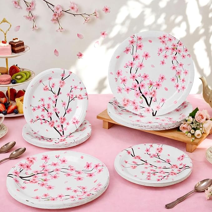 60 Pcs Cherry Blossom Paper Plates 9 in and 7 in Watercolor Pink Floral Party Decorations Plates Disposable Dinner Tableware for Bridal Shower Wedding Tea Summer Birthday Supplies