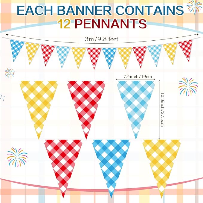 Pasimy 5 Pcs County Fair Party Decorations County Fair Hanging Pennant Banner Red Yellow Blue Checkered Triangle Flag Pennant Farm Theme Bunting Banner Garland for Birthday Party Supplies
