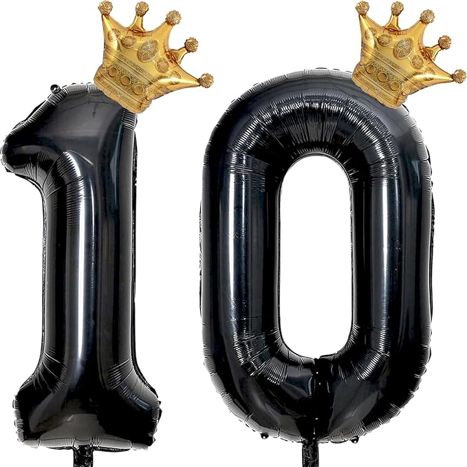 Black 10 Balloon Number with Gold Crown Balloons 40 inch 10 Birthday Balloon for 10th Birthday Party Decorations Supplies Anniversary for Boys Kids(Foil Mylar Number 10 Balloons）