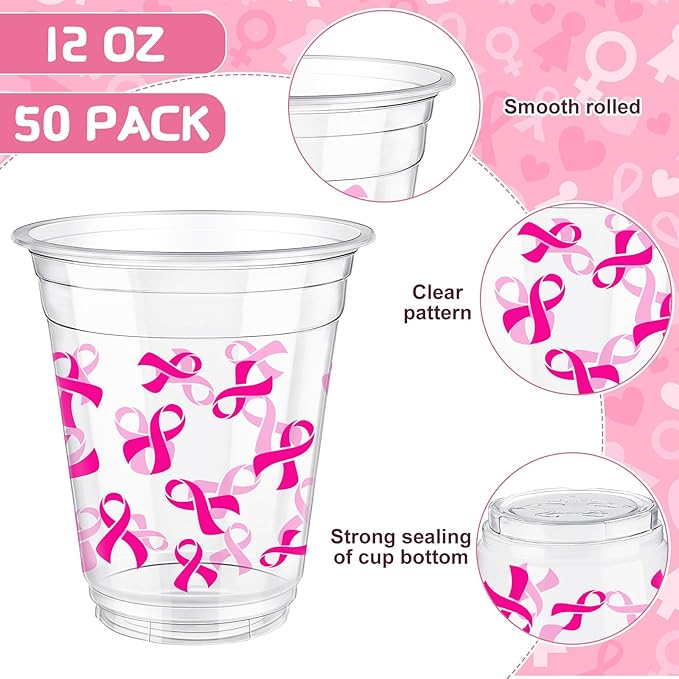 Uiifan 50 Pcs Breast Cancer Awareness Cups Bulk 12 oz Pink Ribbon Disposable Plastic Cups Breast Cancer Awareness Accessories for Charity Event Women Party Supplies Cold Beverage Drinking Tumblers