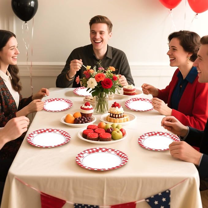 100 Pcs Red Gingham Paper Plates 7" Heavy Duty Red and White Buffalo Checked Plaid Dessert Plates Disposable Gingham Party Supplies for Summer Pizza BBQ Picnic Baby Shower Birthday Party Decorations