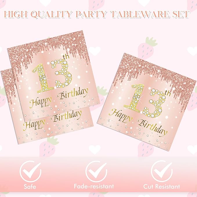 40PCS 13th Birthday Decorations for Girls Rose Gold Sweet 13 Birthday Decorations Disposable Tableware Include 13th Birthday Plates and Napkins for Official Teenager 13th Birthday Gifts