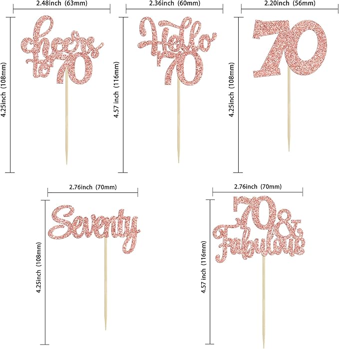 30Pcs Happy 70th Birthday Cupcake Toppers Seventy Cheers to 70 Years Old Birthday Cupcake Picks for 70th Anniversary Party Cake Decorations Supplies Rose Gold Glitter