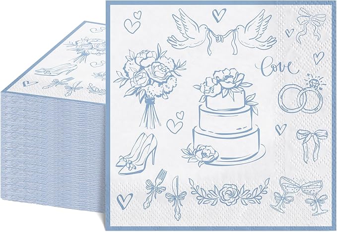 100 Pcs Wedding Napkins, Blue and White Engagement Cocktail Napkins Something Blue Bridal Shower Napkin for Bachelorette Party, Wedding, Bridal Shower