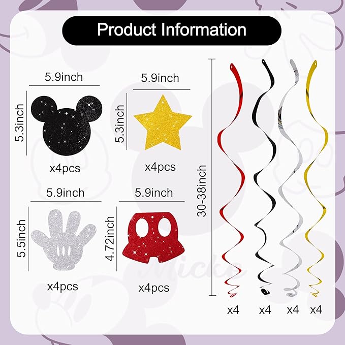BEISHIDA 16 Pcs Mouse Hanging Swirl Decorations, Pre-Strung Mouse Birthday Party Decorations Red Gold Black Mouse Themed Birthday Party Supplies for Kids