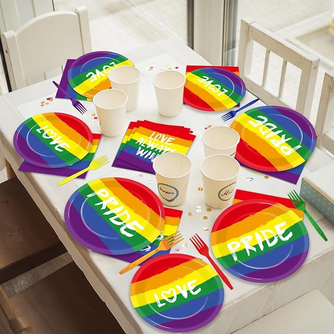 ZOIIWA 96PCS Pride Party Decorations Tableware Set Rainbow Party Supplies for 24 Guests Disposable LGBT Dinnerware Plates Napkins Forks for Rainbow Gay Pride Theme Favors