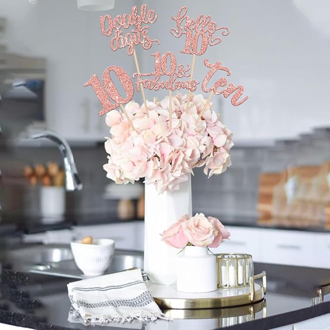 15PCS Happy 10th Birthday Centerpiece Sticks Ten Hello 10 Cheers to 10 Table Flower Centerpieces Sticks Double Digits 10 Fabulous Floral Decorations for 10th Birthday Party Centerpieces Rose Gold