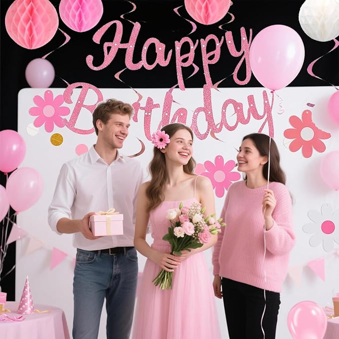 Pre-Strung Pink Birthday Decorations for Women Kits- Birthday Curtain Backdrop, Ballons, Glitter Banner with Honeycomb Balls, Stars Hanging Swirl Streamers, Circle Dots Garland