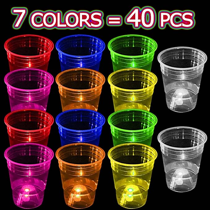 mishunyus 40 Pcs Glow Party Cups,16 oz Plastic Cup Favors for Neon Party Supplies Decoration,Glow In The Dark Cups Neon Party,20th 30th 40th 50th 60th Birthday Party, 7 Colors