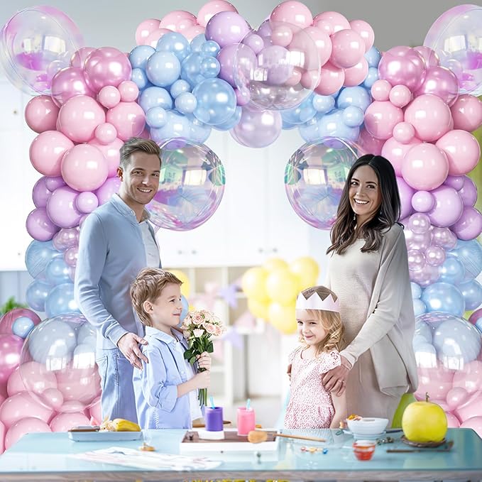 Pink Blue Purple Balloons Arch Kit Iridesent Balloons Clear Balloon Pastel Pearl Pink Purple Lavender Blue Balloon Garland for Girl Gender Reveal Hawaii Birthday Baby Shower Mermaid Party Decor