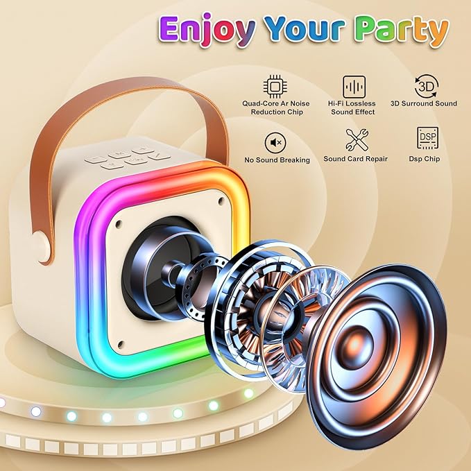 Mini Karaoke Machine for Kids, Girl Toys Gifts, Kids Karaoke Wireless Microphone for 4,5,6,7,8,9,10,11,12 Years Old Boys and Girls Christmas Party Gifts Toys (Beige)