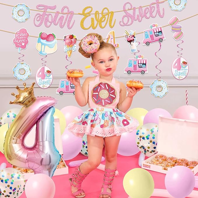 Four Ever Sweet Ice Cream Birthday Party Decorations with Donut Banner, Ice Cream Cake Toppers, Foil Balloon Arch for 4 Year Old Macaron Party Supplies