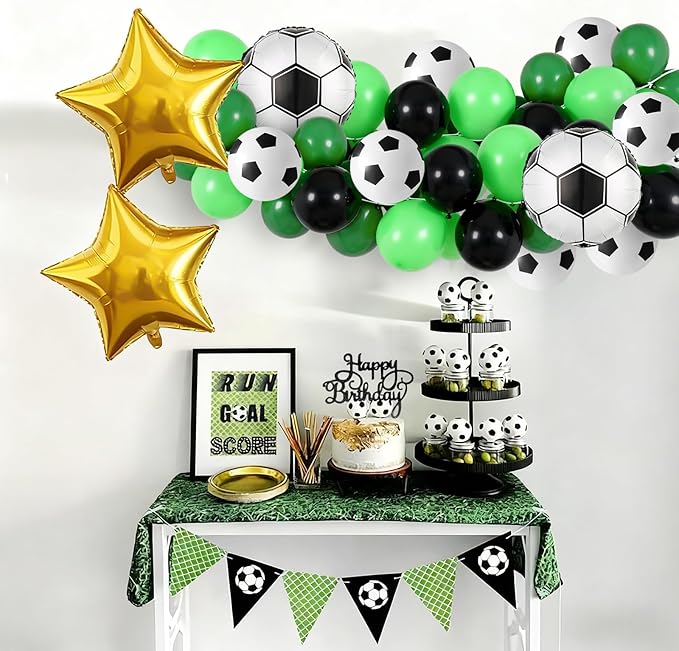 Soccer Birthday Party Decorations for Boys, Soccer Party Decorations with Green Black White Balloons 'HAPPY BIRTHDAY' Banner Cake Toppers Star Foil Balloons for Boys Men Birthday Decor