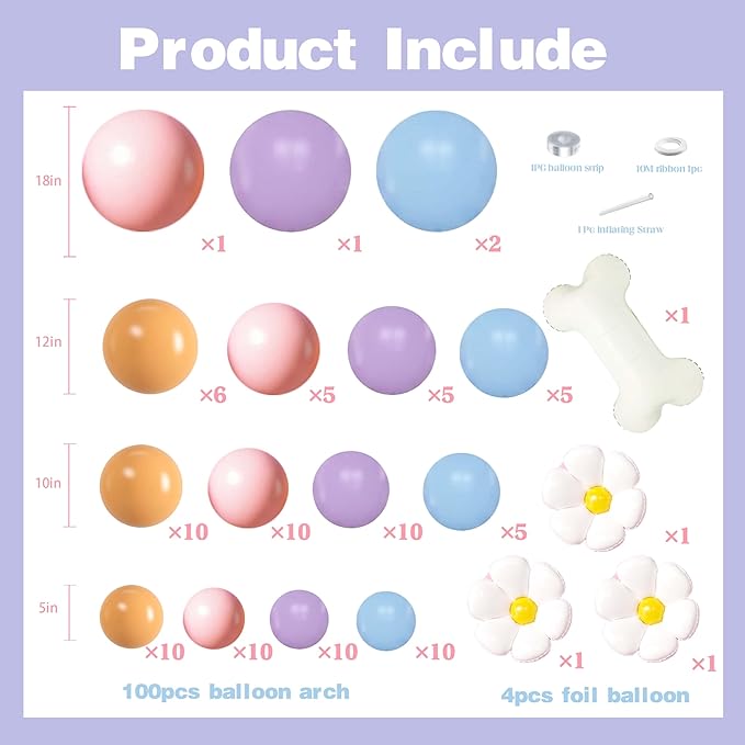 107Pcs Pastel Puppy Birthday Decorations for Girls, Macaron Pink Purple Blue Balloon Garland Arch Kit with Daisy Flower and Dog Bone Foil Balloons for Kids Pets Theme Party, Baby Shower Supplies