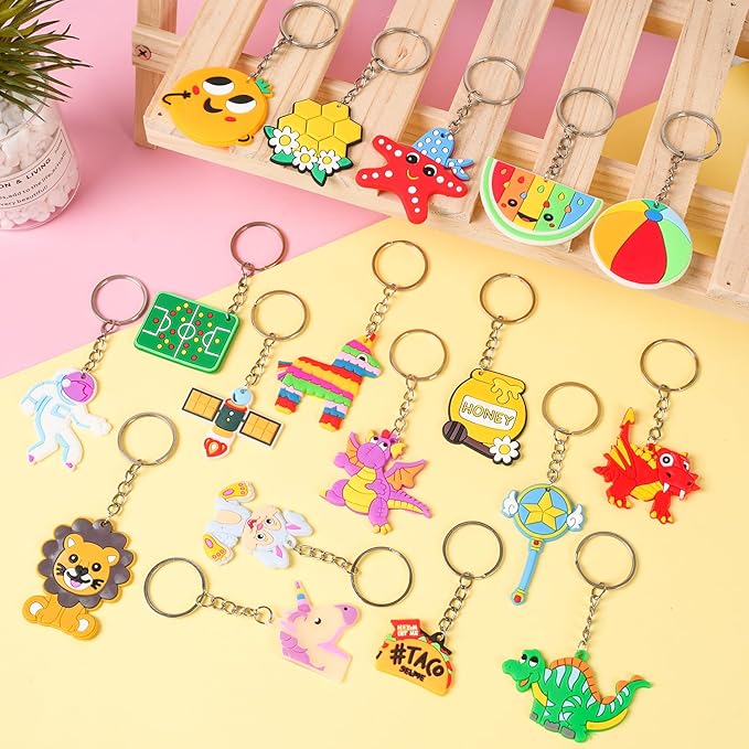 65 PCS Cute Keychain for Kids Party Favors With Video Game Animal Mermaid Dinosaur Ball Donut Fruit Gift School Prize Goodie Bag Stuffers Birthday Party Supplies