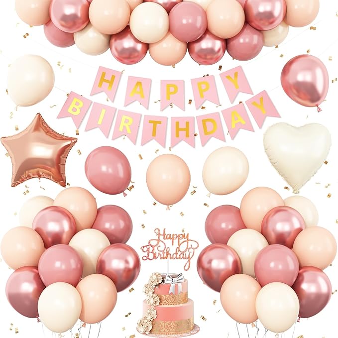 Dusty Pink Birthday Decorations,Rose Gold Sand Boho Balloons Decor Happy Birthday Banner Cake Topper Star Heart Foil Balloon for Women Girl Baby Shower