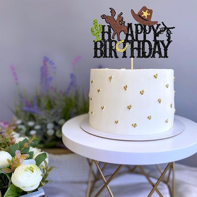 1 PCS Cowboy Happy Birthday Cake Topper Glitter Hat Horseshoe Cactus Gun Cake Pick for Western Theme Baby Shower Kids Birthday Party Cake Decorations