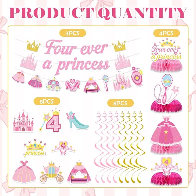 Princess 4th Birthday Party Decorations for Girls Include Four Ever a Princess Glitter Banners Hanging Swirls Honeycomb Centerpieces Pink Fourever Theme 4 Years Old Birthday Party Supplies