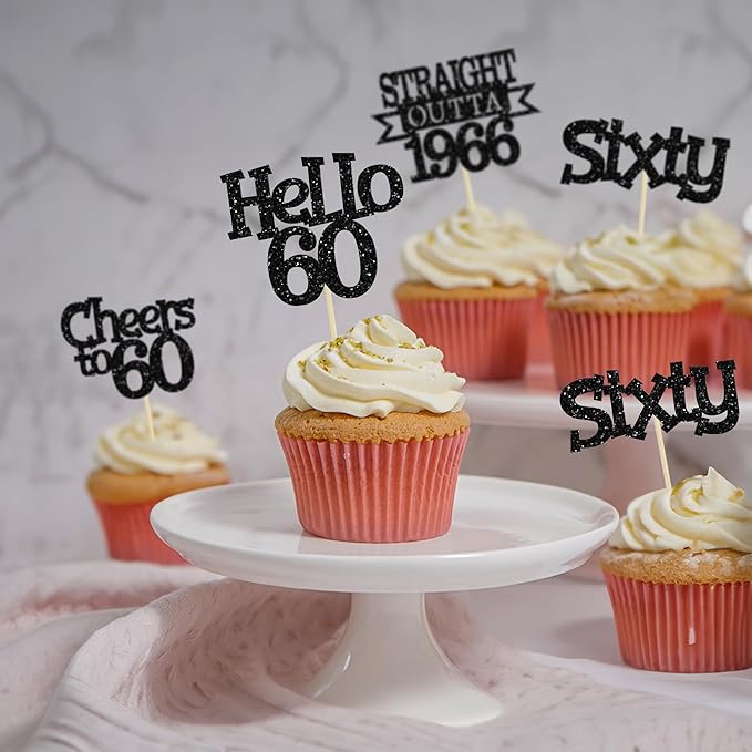 Ephlyn 24Pcs Happy 60th Birthday Cupcake Toppers Glitter Straight Outta 1966 Cupcake Picks Hello 60 Cheers to 60 Years Birthday Cake Decorations for 60th Birthday Anniversary Party Supplies Black