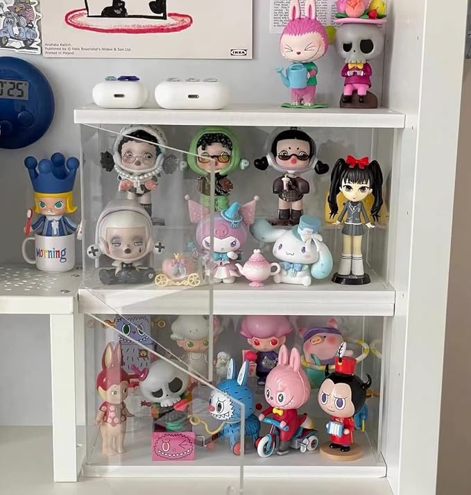 2 Tier Clear Acrylic Display Case Stand for Funko pop, 2 Layer Storage Cabinet Shelf Showcase Dustproof for Mini Toys Figures Stone Collectibles Assemble Organizer, White 9.8x4.5x5.9inch