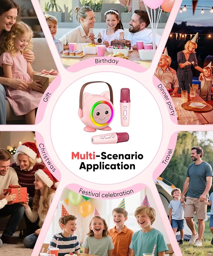 Mini Karaoke Machine Toy for Kids, Portable Karaoke Machine with 2 Wireless Microphone for 4,5,6,7,8,9,10,11,12+ Years Old Christmas Birthday Gifts Girls Boys (Pink)