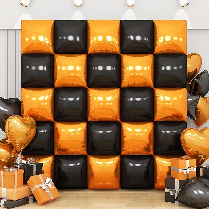 Black Orange Square Foil Balloon Wall,25Pcs Double Sided Foil Balloons Backdrop Helium Polyester Tunnel Arch Garland Kit for Birthday Graduations Anniversary Baby Shower Party Decorations