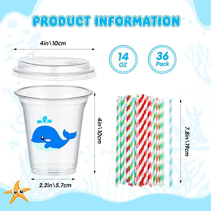Boao 36 Sets Under the Sea Ocean Party Cups with Lids and Paper Straws 14 oz Summer Sea Birthday Party Supplies Beach Pool Disposable Clear Plastic Cups Bulk
