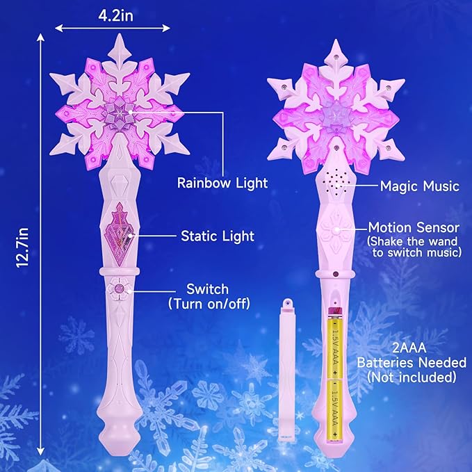 KingGlee Light Up Frozen Snowflake Wands with Sound(Motion Sensitive) Magic Toy for Kids Girls Princess Party Favors Costume Cosplay Accessories Pink 2-Pieces