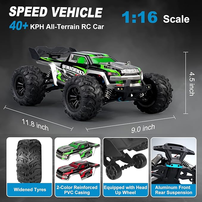 1:16 Scale High-Speed 4WD RC Car, 25 MPH Off-Road Remote Control Truck for Adults & Teens - All Terrain Electric Vehicle with 2 Rechargeable Batteries & 2.4GHz Radio - Gift Idea for Boys and Men
