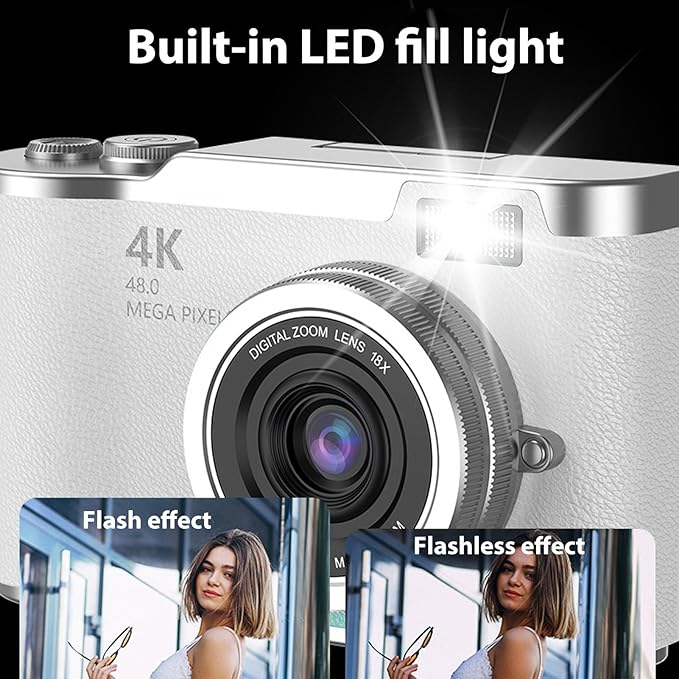 Denash Foldable Screen Kids and Beginners Camera,4K Digital Camera for Photography,48MP Digital Foldable Support 16X Zoom with Flip Scree (White)