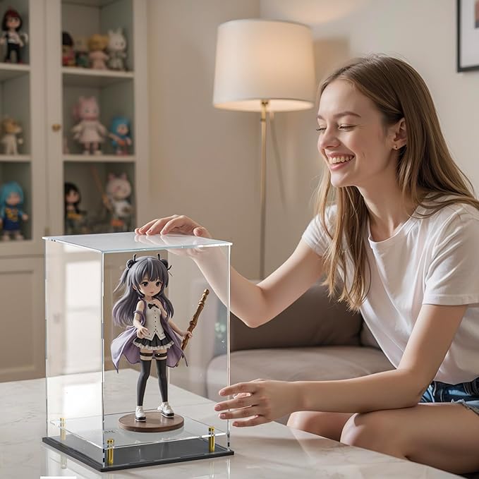 Action Figure Acrylic Display Case with Floating Shelf & Thick Base – UV-Protected Collectible Showcase for Toys, Trophies, Figurines, Miniature and Doll (10" Lx10 Wx14 H)