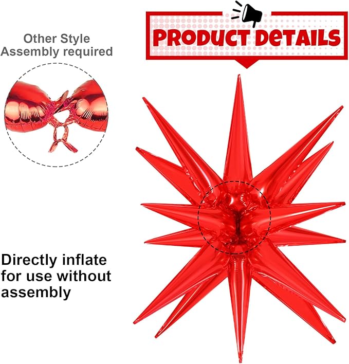 10 Pcs Red Star Balloons Explosion Starburst Balloons Foil Cone Balloon Magic for Birthday Wedding Anniversary Party Backdrops Decorations Supplies, 6 Pcs 22Inches and 4 Pcs 27Inches