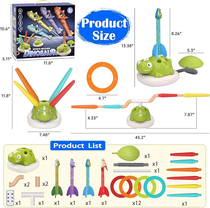 Indoor Outdoor Games for Kids Easter, 3 in 1 Musical Jump, Ring Toss Game & Stomping Rocket Launcher for Kids, Dinosaur Sports & Outside Play Activities Toys with Remote Control for Toddlers 4-8