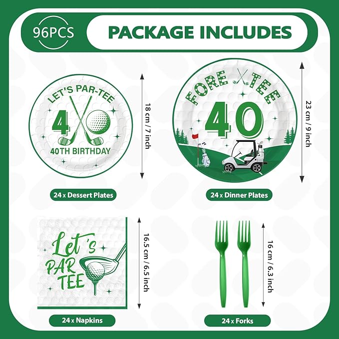 96Pcs Golf 40th Party Decorations for Men Golf 40th Birthday Paper Plates and Napkins Sets Sports Theme Decoration for Golfer Fans Forty 40 Years Old Party Supplies Serve 24