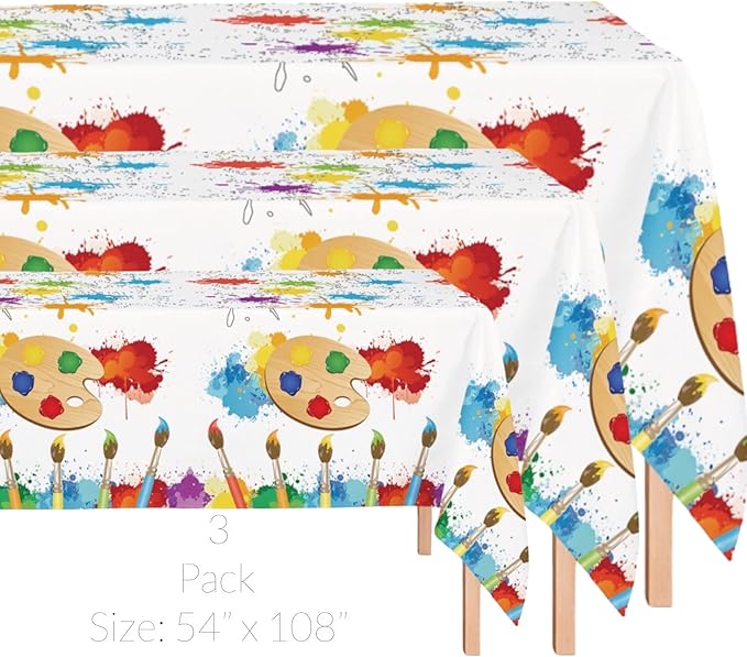 Oojami 3 Pack Artist Plastic Tablecloth, 54" x108", with 2 Pennant Banners Ideal for Art Themed Party Supplies, Artist Themed Birthday Party Decorations, Artist Themed Painting Supplies Table Covers